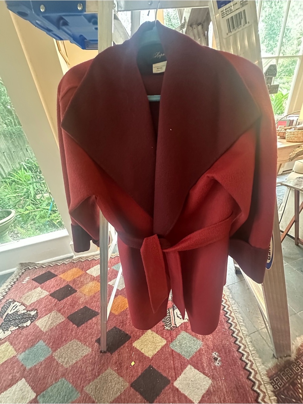 Les Copains Burgundy Belted Shawl-Collar Poncho Coat